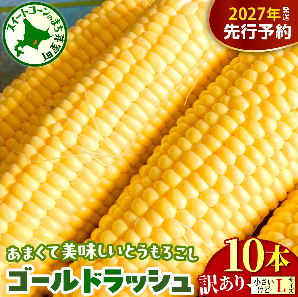 【先行受付】【2027年8月上旬～8月下旬頃配送】【訳あり】北海道十勝芽室町 とうもろこし ゴールドラッシュ Lサイズ 10本セット　me078-006-27b／スイートコーン コーン 朝採り 産地直送 糖度 生 野菜 新鮮 BBQ 冷蔵 送料無料 お取り寄せ 北海道十勝 芽室町