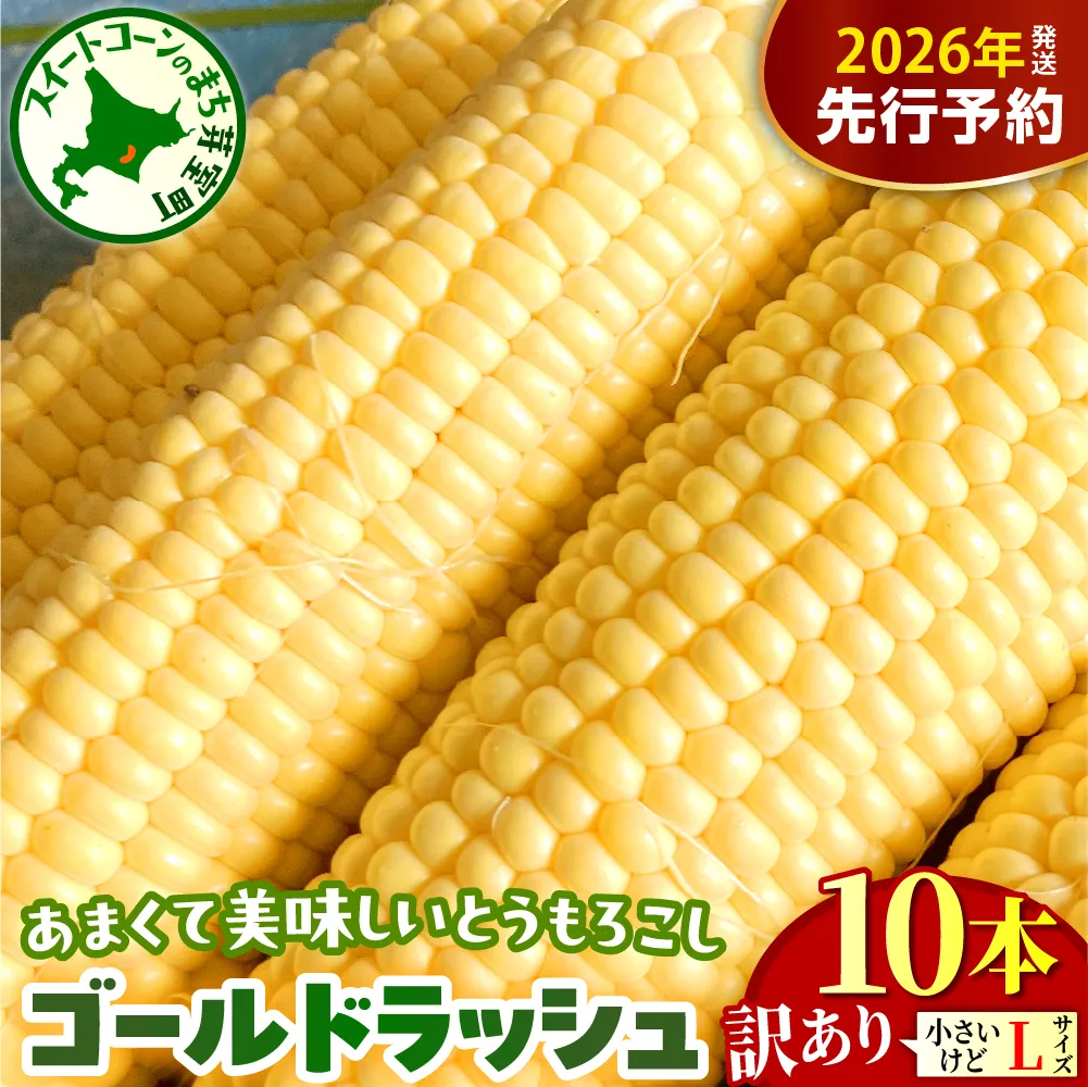 【2026年8月上旬～8月下旬頃配送】【訳あり】北海道十勝芽室町 とうもろこし ゴールドラッシュ Lサイズ 10本セット　me078-006c-26／スイートコーン コーン 朝採り 産地直送 糖度 生 野菜 新鮮 BBQ 冷蔵 送料無料 お取り寄せ 北海道十勝 芽室町