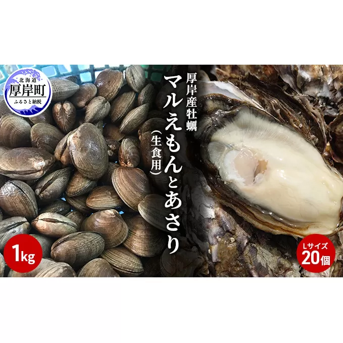 北海道厚岸産牡蠣「マルえもん」Lサイズ20個（生食用）とあさり1kg 海のミルク 国産 殻付き 酒蒸し 焼き牡蠣 食べ比べ セット