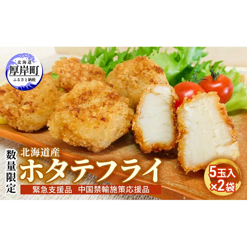 【緊急支援品】【中国禁輸施策応援品】 数量限定 北海道産 ホタテフライ 5玉入×2袋 (合計10玉,約380g) 帆立 ほたて 簡単 おかず 魚貝 加工食品 大きなホタテ ジューシー 油で揚げるだけ 惣菜 揚げ物 つまみ お弁当 帆立のフライ 