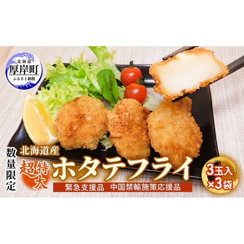 【緊急支援品】【中国禁輸施策応援品】 数量限定 北海道産 超特大 ホタテフライ 3玉入×3袋 帆立  ほたて 簡単 おかず 魚貝 加工食品 大きなホタテ ジューシー 油で揚げるだけ 惣菜 揚げ物 つまみ お弁当 帆立のフライ 大きめ 