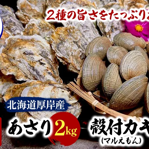 【お歳暮】北海道 厚岸産 砂抜き済み あさり 2kg ＆ ブランド牡蠣 マルえもん 殻付き LLサイズ 20個 【光輝】 [ 魚貝類 海鮮 海の幸 みそ汁 酒蒸し アサリバタ 産地直送 生食用牡蠣 生食用 牡蠣 カキ