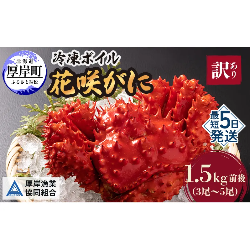 北海道厚岸産 訳あり 冷凍ボイル 花咲がに 1.5kg前後 (3尾～5尾入) 蟹 花咲ガニ 魚介類 魚介