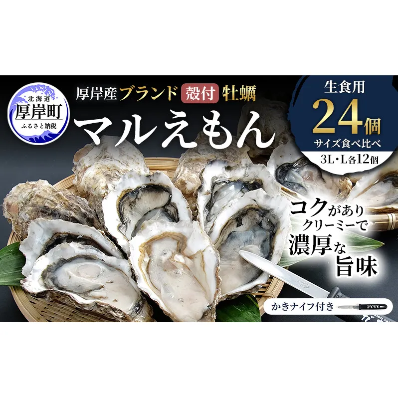厚岸産 ブランド 殻付カキ マルえもん 生食用 サイズ食べ比べ 24個 (3L・L各12個)[ 魚貝類 生牡蠣 かき 牡蠣 カキ 生ガキ 食べ比べ ]