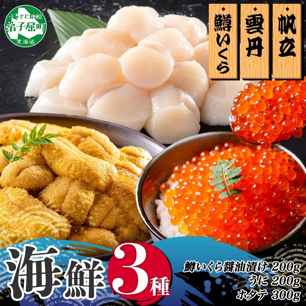 3014.うに100g×2 鱒いくら醤油漬け100g×2 ホタテ300g 3種 セット ウニ 雲丹  鱒 イクラ 醤油漬け ほたて 帆立 海鮮 冷凍 海鮮丼 送料無料 北海道 弟子屈町