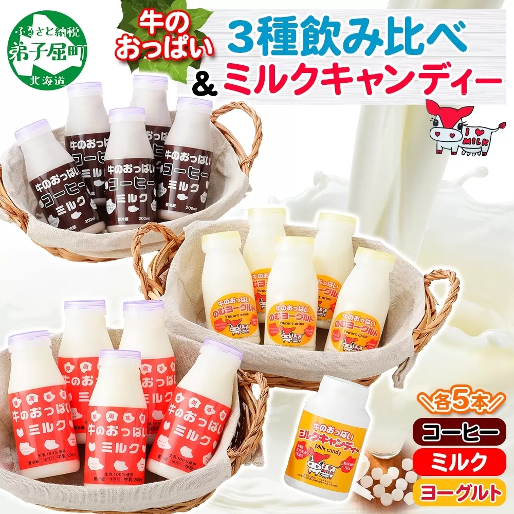 784.牛のおっぱいミルク 5本 コーヒーミルク5本 のむヨーグルト5本 計15本 おっぱいミルクキャンディー1個 セット 牛乳 生乳 ミルク 牛 酪農 飲料 しぼりたて 珈琲 ヨーグルト 飴 お取り寄せ ギフト gift まとめ買い 北海道 弟子屈町