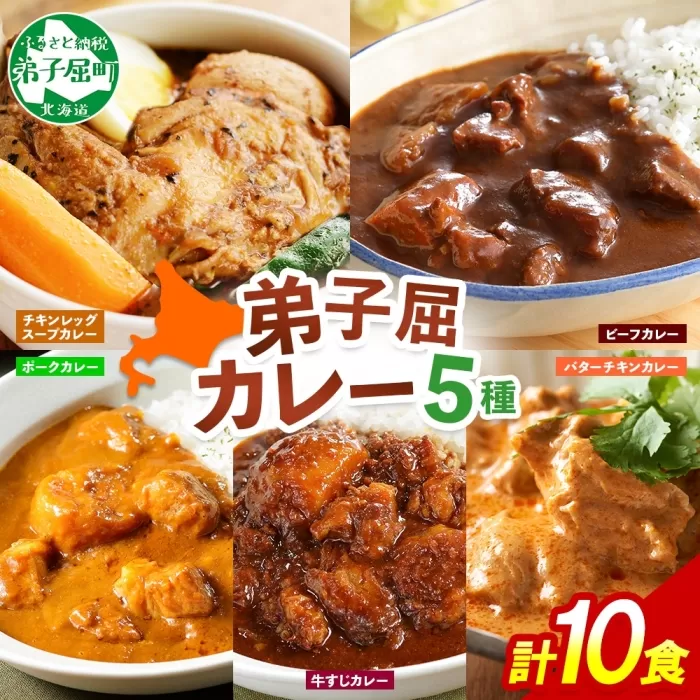 1447. 弟子屈 カレー 5種 食べ比べ 計10個 中辛 バターチキンカレー スープカレー ビーフカレー ポークカレー 牛すじカレー 業務用 レトルト  保存食 備蓄 非常食 常温 まとめ買い グルメ 23000円  北海道 弟子屈町