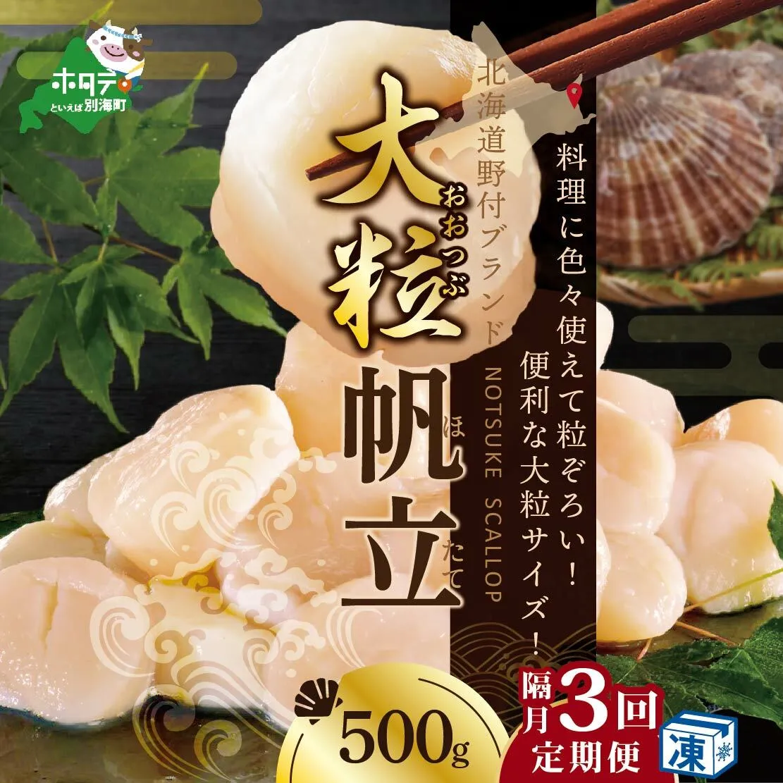 【隔月3回定期便】北海道 野付産 漁協直送 冷凍ホタテ 貝柱大粒（2Sサイズ）ホタテ500ｇ【NKB03ND01】