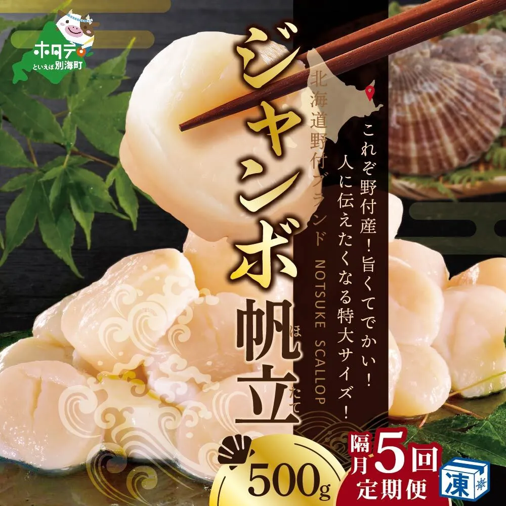 【隔月5ヶ月定期便】北海道 野付産 漁協直送 冷凍 ホタテ 貝柱 ジャンボホタテ500g 濃厚な旨味と甘み （ほたて ホタテ 帆立 貝柱 ホタテ貝柱 大玉 大粒 北海道 別海 野付 ふるさと納税）