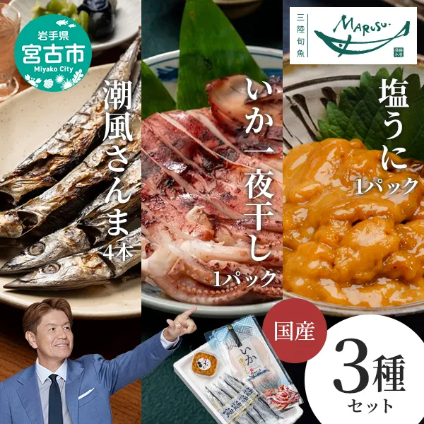 【宮古市】いか一夜干し1p・潮風さんま4本・塩うに1ケ 3種セット