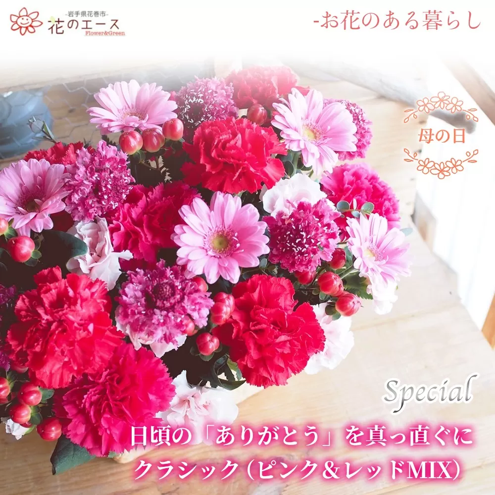 【母の日】フラワーアレンジメント 日頃の「ありがとう」を真っ直ぐにクラシック(ピンク&レッドMIX)<スペシャル> 【1529】