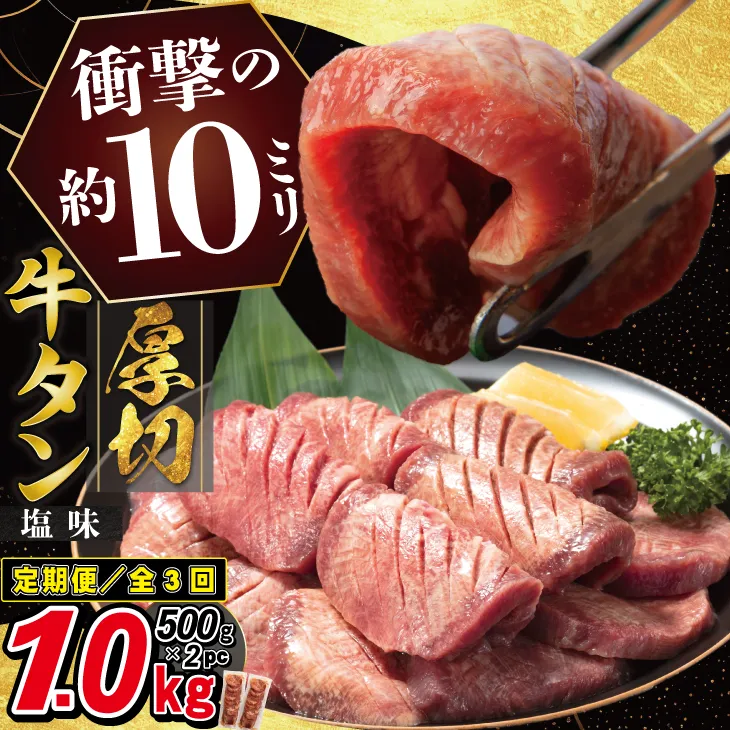 【定期便3ヶ月】厚切り牛タン塩味 1kg(500g×2P) 【2429】