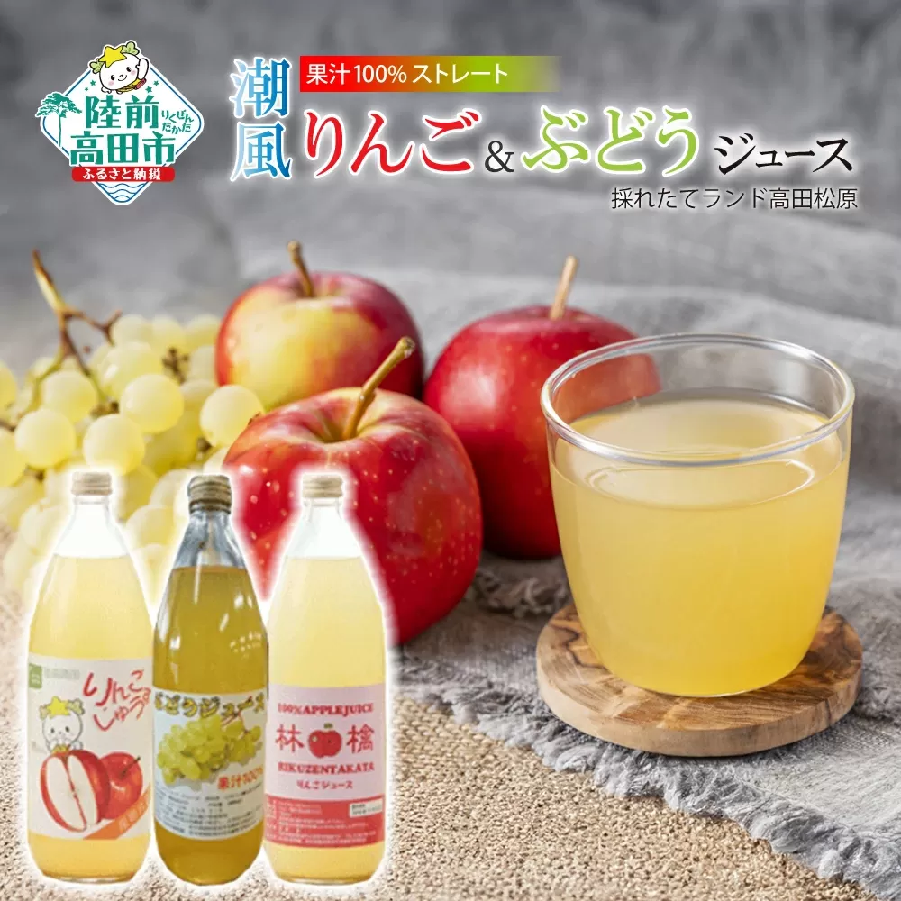 【数量限定】 潮風りんごジュースとぶどうジュースのセット 1L×3本 飲み比べ 【 りんご ぶどう 飲料 フルーツジュース ストレート 100％ ギフト 岩手 陸前高田 】 RT651