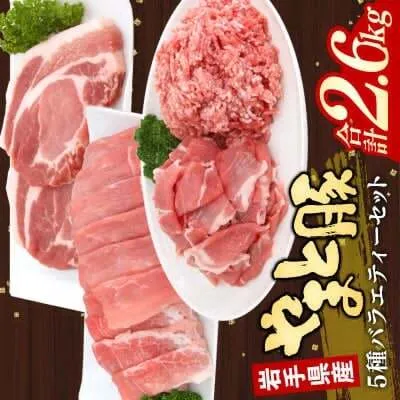岩手県産やまと豚5種約2.6kg 国産 肉 豚肉 やまと豚 鍋 焼肉 豚ロース 豚バラ 豚こま モモスライス ひき肉 とんかつ 生姜焼き 焼肉 小分け 冷凍 岩手県 岩手町