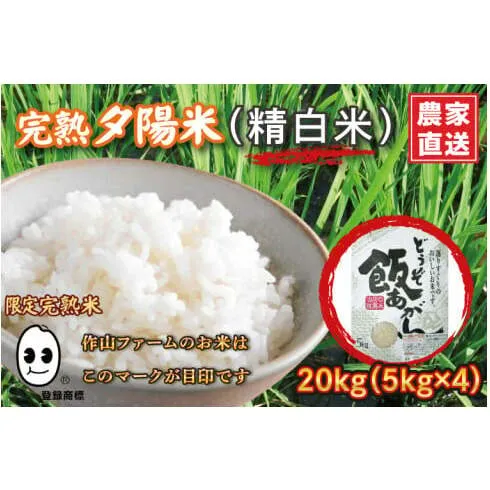 ＼新米 令和7年産／ 完熟夕陽米 (精白米) 20kg (5kg×4) ひとめぼれ 特別栽培米 生産農家直送 (CP039)