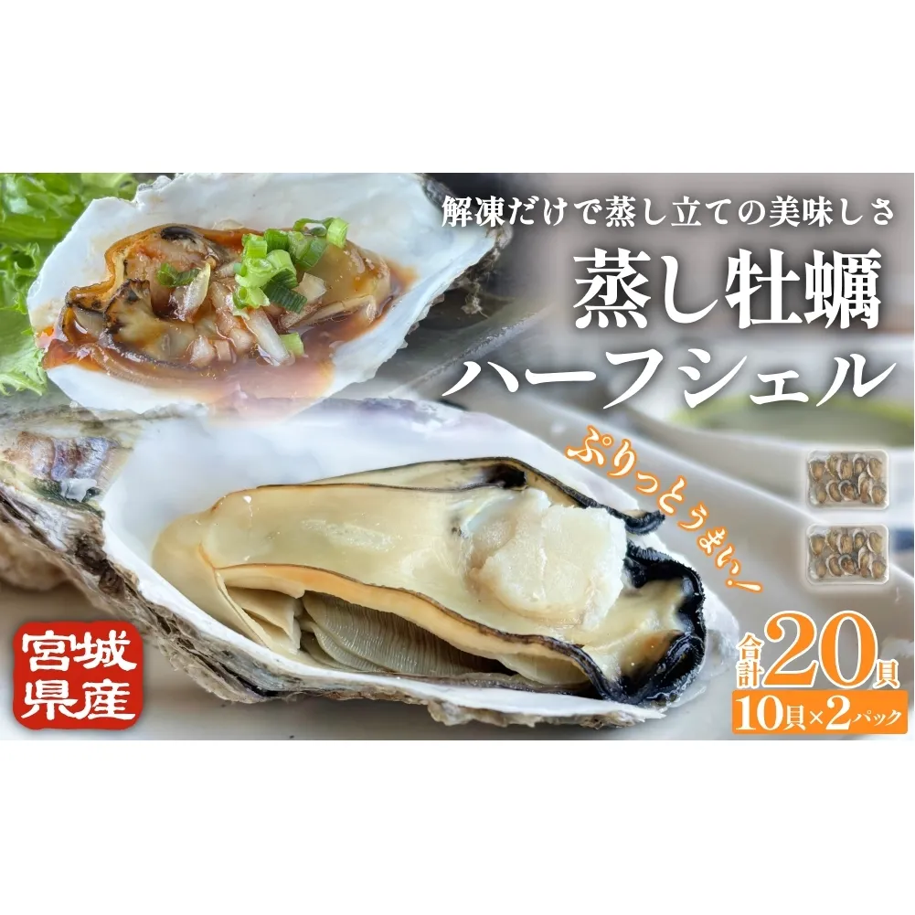 宮城県産 蒸し牡蠣 ハーフシェル 10貝 2P セット （ 計20貝 ） 牡蠣 かき カキ 貝 加熱調理済 海鮮 魚介 魚介類 冷凍 宮城県 宮城 石巻市 石巻