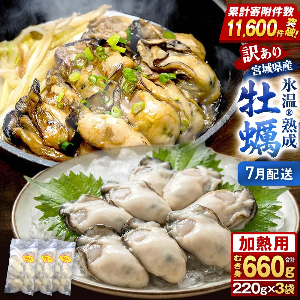 【7月配送】牡蠣 訳あり 氷温熟成 冷凍 （加熱用・サイズ不揃い） 220ｇ × 3パック 牡蠣 カキ まるたか水産