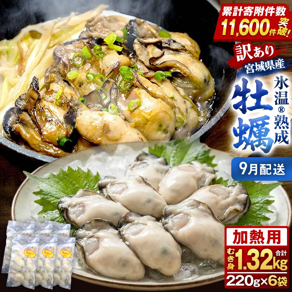 【9月配送】牡蠣 訳あり 氷温熟成 冷凍 （加熱用・サイズ不揃い） 220ｇ × 6パック 牡蠣 カキ まるたか水産