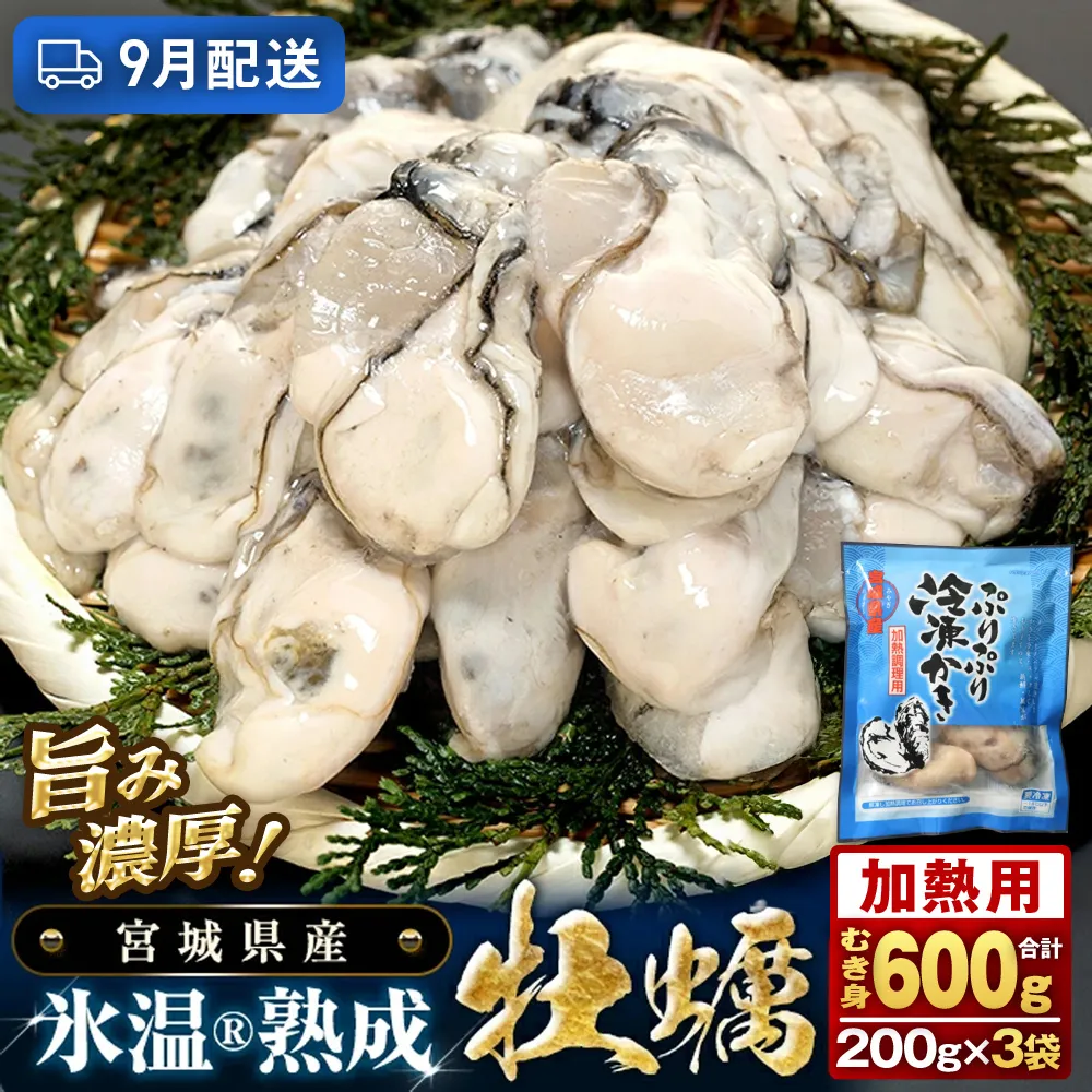 【9月配送】【加熱用】氷温熟成かき 200g × 3p むき身 小分け むき カキ 冷凍かき 加熱用 加熱 宮城 小分け 冷凍 バラバラ冷凍 冷凍カキ かき 牡蠣 海鮮 魚介 貝類 海の幸 BBQ 家庭用 まるたか水産 宮城県 石巻市