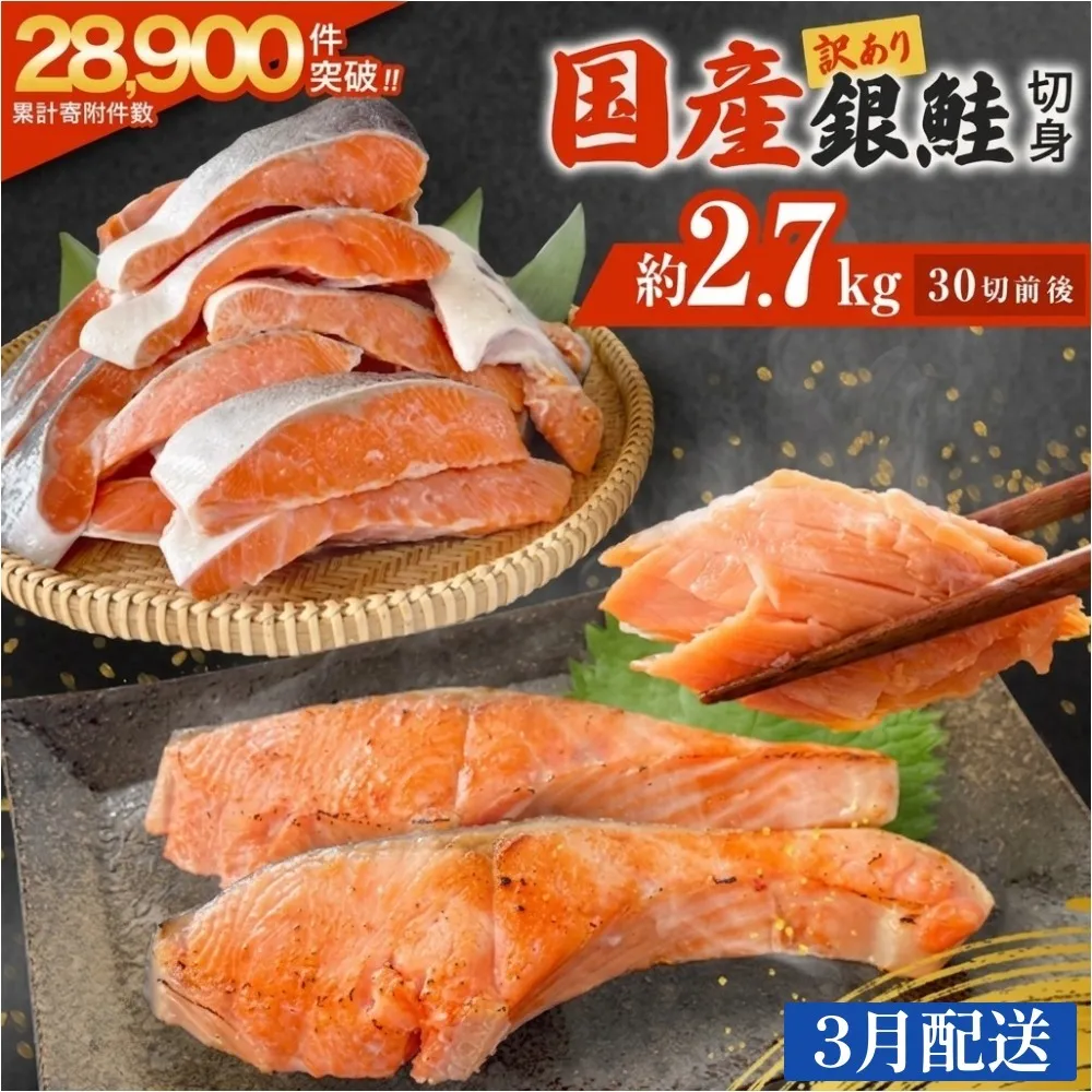 【3月配送】 訳あり 国産 銀鮭 どっさり 2.7kg 定塩 切身｜ 冷凍 鮭 サーモン 不揃い ご家庭用 塩鮭 しゃけ シャケ 焼き魚 宮城県 石巻市 魚介類 魚 海産物