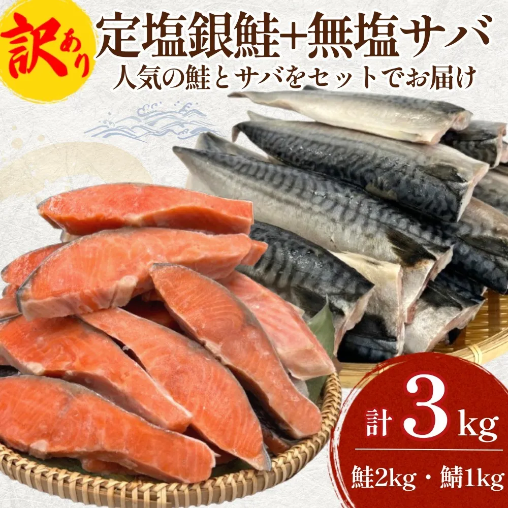 《訳あり》  定塩銀鮭 約 2kg  / 無塩サバフィレ 約 1kg 切り身 セット 合計 3kg 食べ比べ 詰め合わせ 鮭 サバ 塩鮭 甘塩 無塩さば おかず お弁当 切身 焼き魚 宮城県 石巻市