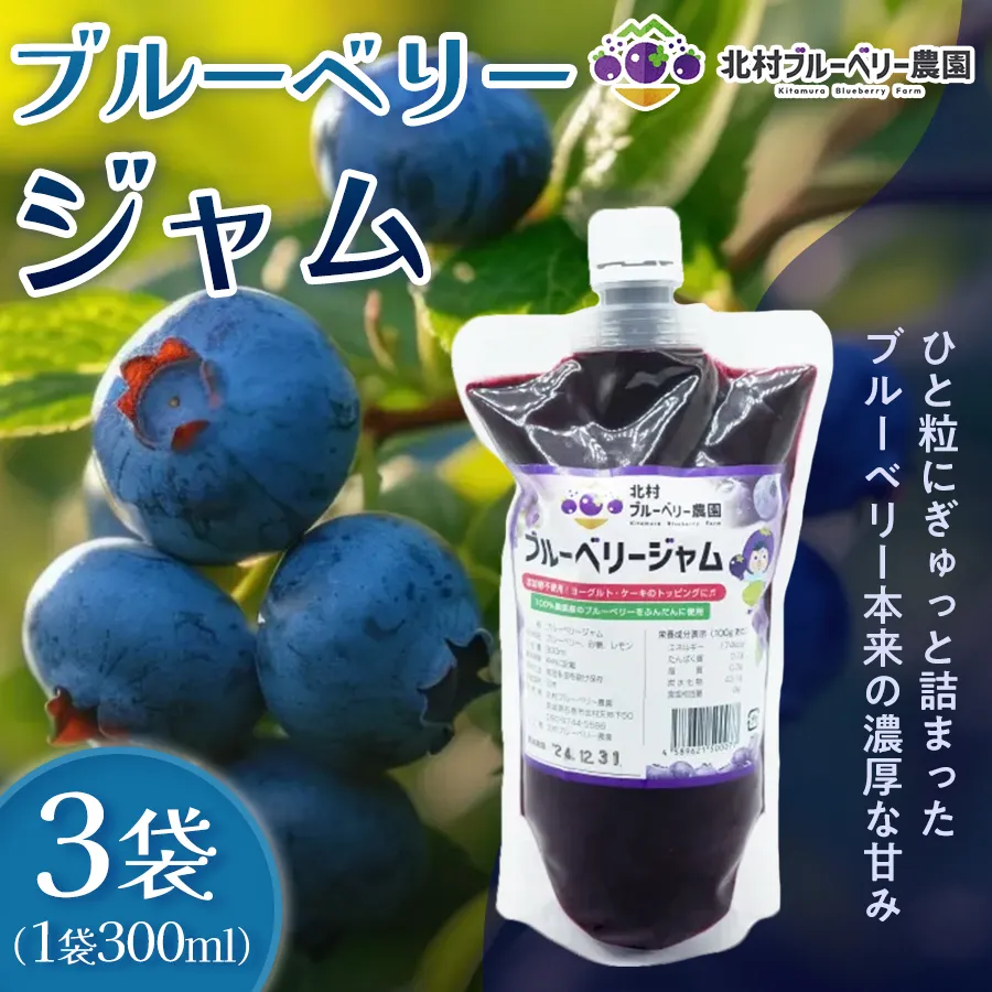 ブルーベリージャム 300ml × 3個 ブルーベリー ジャム 自然栽培 無農薬 化学肥料不使用 冷蔵 ベリー 国産 フルーツ 果物 パウチ 宮城県 石巻市 宮城 石巻