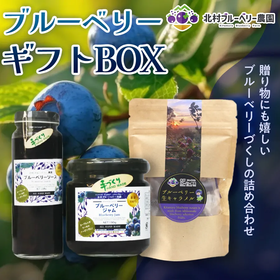 【ブルーベリーギフトBOX】 ブルーベリージャム ・ ソース ・ 生キャラメル ×1セット ブルーベリー 国産 自然栽培 無農薬 化学肥料不使用 宮城県 石巻市 宮城 石巻