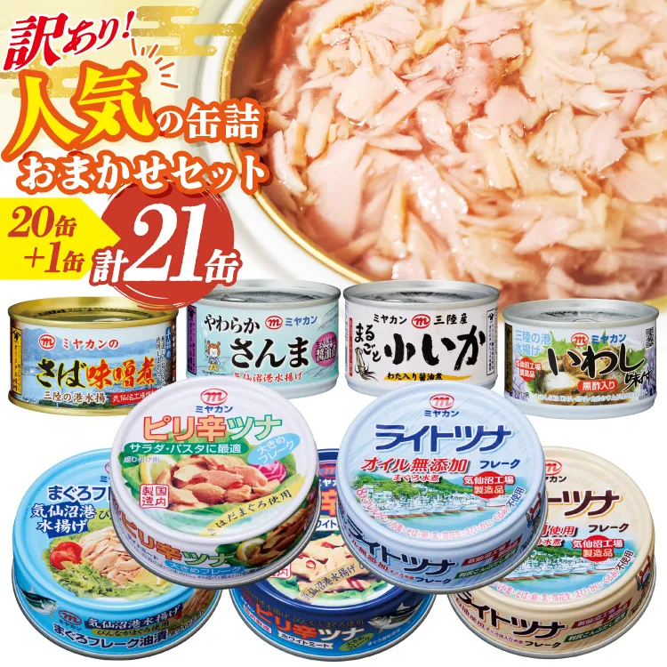 訳あり お任せ 人気 缶詰 20缶 +1缶 合計21缶 セット [ミヤカン 宮城県 気仙沼市 20566259] 缶詰 ツナ缶 さば缶 さんま缶 いか缶 いわし缶 鯖缶 ツナフレーク さば水煮 さば味噌煮 詰め合わせ 長期保存 非常食 備蓄 食べ比べ 防災 キャンプ アウトドア ふるさと納税