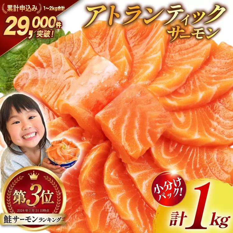 ノルウェー産 アトランティックサーモン 総重量 1kg (正味重量850g) [カネダイ 宮城県 気仙沼市 20565509] 魚 魚介類 サーモン 刺身 生食 生 アトランティック アトラン 小分け 冷凍 鮭 さけ 訳あり ノルウェー