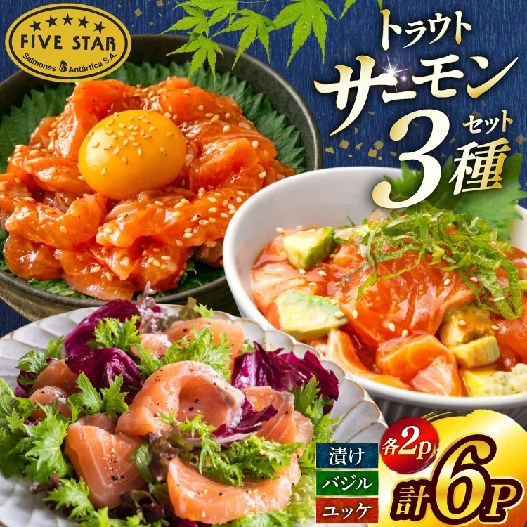 サーモン FIVE STAR ブランド サーモンユッケ サーモンバジル サーモン漬け 3種 セット 計6パック [カネダイ 宮城県 気仙沼市 20566152] 魚 魚介類 サーモン サーモントラウト 鮭 さけ サーモン ユッケ バジル 漬け さけ サケ トラウト 海鮮 丼 海鮮丼 個包装 小分け 冷凍