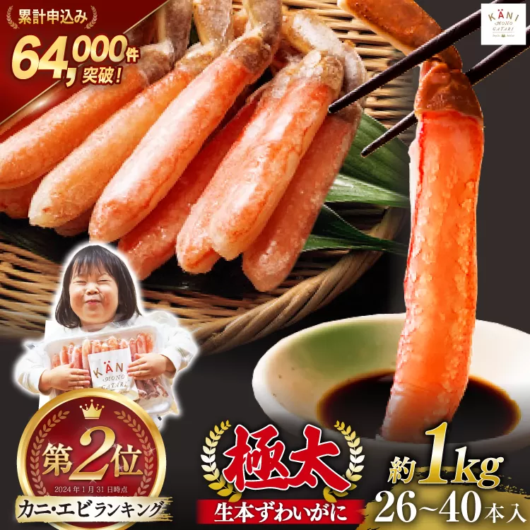 極太 生本ずわいがに 棒肉 ポーション 約1kg 26本〜40本入り 殻剥き不要 ! 脚肉のみ ! [カネダイ 宮城県 気仙沼市 20564335] 蟹 かに カニ ずわいがに ズワイガニ ずわい蟹 ズワイ蟹 カニ脚 蟹脚 カニ棒肉
