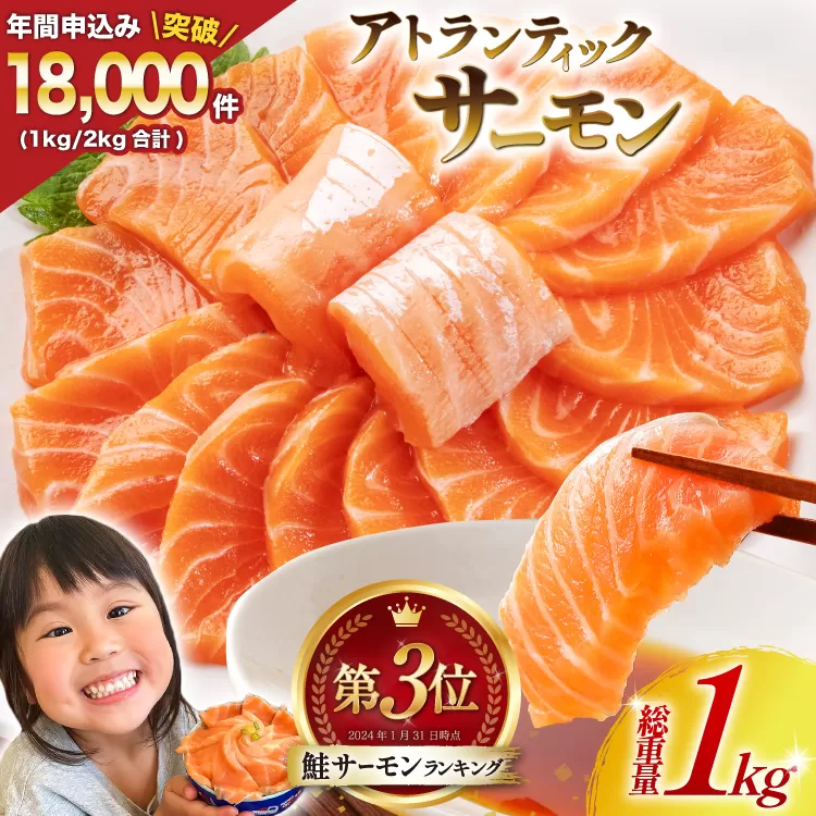 ノルウェー産 アトランティックサーモン 総重量 1kg (正味重量850g) [カネダイ 宮城県 気仙沼市 20565509] 魚 魚介類 サーモン 刺身 生食 生 アトランティック アトラン 小分け 冷凍 鮭 さけ 訳あり ノルウェー