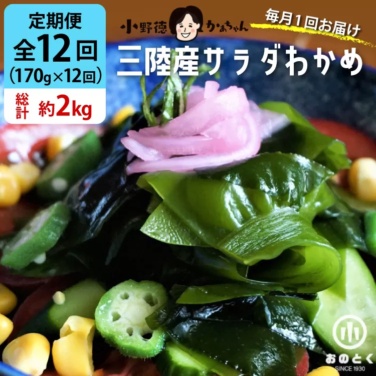 【2つの食感】12回 定期便  三陸産 サラダわかめ 170g ×12回 総計 約2kg [小野徳 宮城県 気仙沼市 20565590] 海藻 ワカメ わかめ 若布 塩蔵わかめ 塩蔵 コリコリ シャキシャキ 冷蔵
