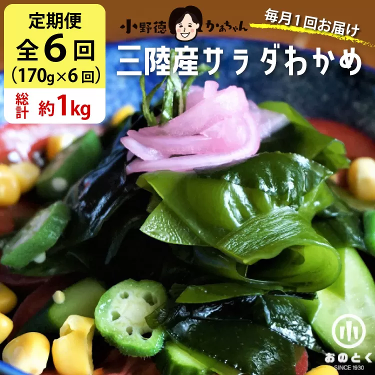 【2つの食感】6回 定期便  三陸産 サラダわかめ 170g ×6回 総計 約1kg [小野徳 宮城県 気仙沼市 20565589] 海藻 ワカメ わかめ 若布 塩蔵わかめ 塩蔵 コリコリ シャキシャキ 冷蔵