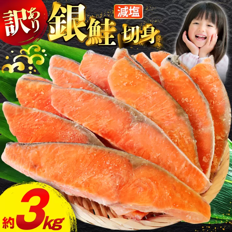 訳あり 無添加 減塩 塩銀鮭 切身 総重量 3kg [足利本店 宮城県 気仙沼市 20565551] 魚 魚介類 サーモン 鮭 海鮮 魚介 甘塩味 塩分控えめ さけ サケ 鮭切身 シャケ 切り身 銀鮭切り身 簡易包装 規格外 不揃い 家庭用 冷凍