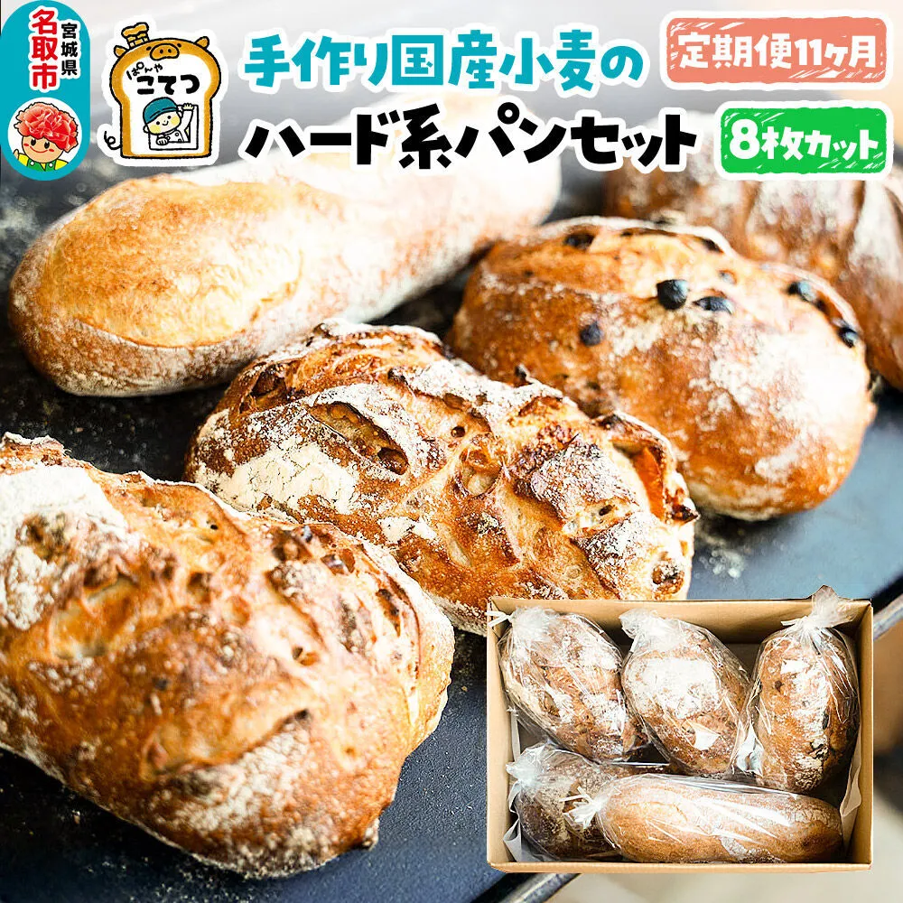 【定期便11ヶ月】名取 閖上のぱんやこてつ 手作り 国産小麦のハード系パンセット 8枚カットしてお届け
