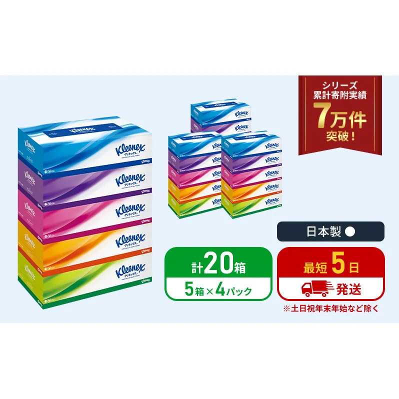 ティッシュ クリネックス ティシュー 5箱入×4パック ティッシュペーパー セット 柔らかい 節約 日用品 日用雑貨 消耗品 備蓄 備蓄品 備蓄用 防災 災害 ボックスティッシュ テッシュ ペーパー ローリングストック 宮城 岩沼市