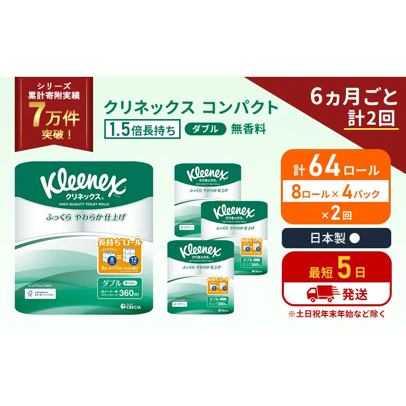 定期便 トイレットペーパー ダブル 1.5 倍巻き 8ロール入×4パック クリネックス コンパクト 無香料《6ヶ月ごと計2回》 トイレット ペーパー 節約 日用品 日用雑貨 備蓄 備蓄品 備蓄用 防災 防災グッズ 倍巻 宮城 宮城県 岩沼市