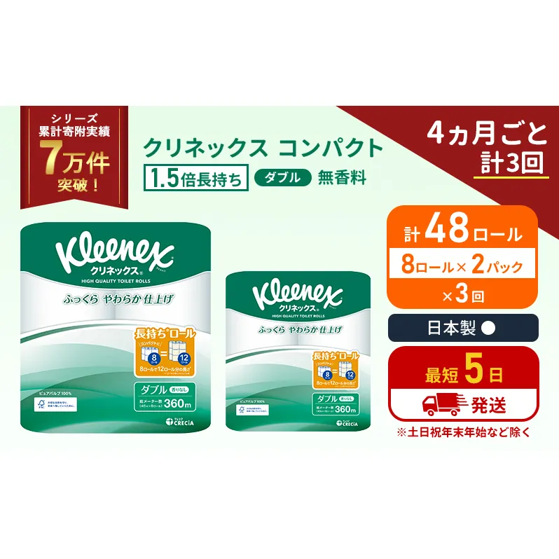定期便 トイレットペーパー ダブル 1.5 倍巻き 8ロール入×2パック クリネックス コンパクト 無香料《4ヶ月ごと計3回》 トイレット ペーパー 節約 日用品 日用雑貨 備蓄 備蓄品 備蓄用 防災 防災グッズ 倍巻 宮城 宮城県 岩沼市