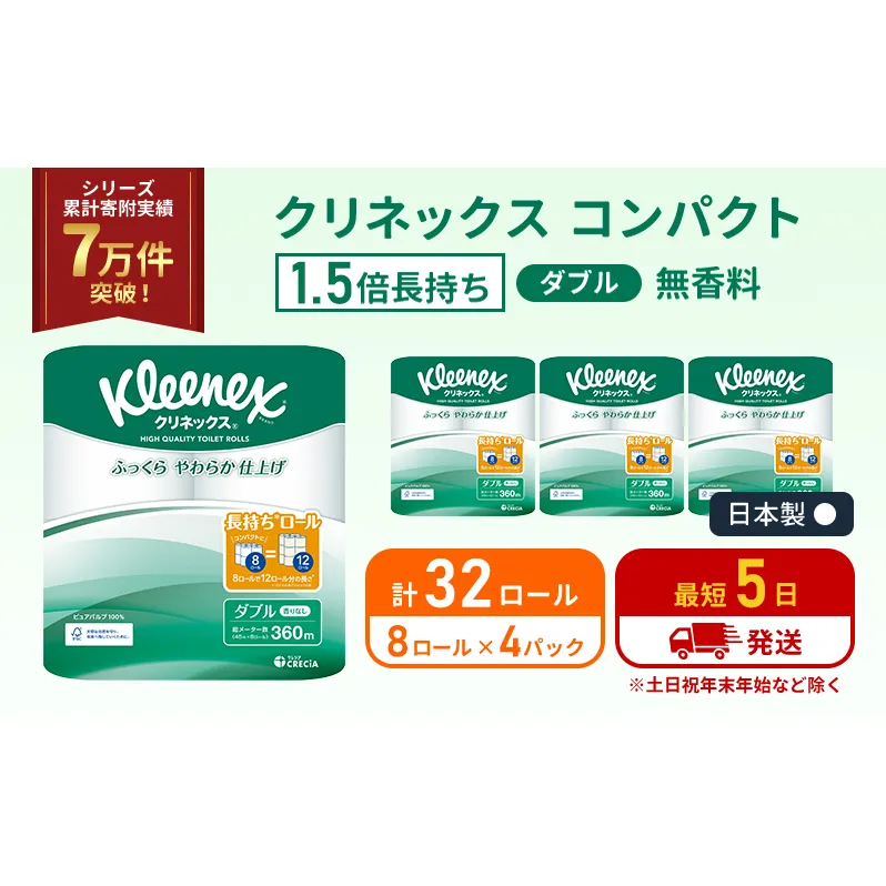トイレットペーパー ダブル 1.5 倍巻き 8ロール入×4パック クリネックス コンパクト 無香料 トイレット ペーパー 節約 日用品 日用雑貨 消耗品 備蓄 備蓄品 備蓄用 防災 防災グッズ 倍巻 宮城 宮城県 岩沼市