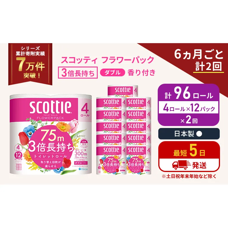 定期便 トイレットペーパー ダブル 3倍 長持ち 4ロール入×12パック スコッティ フラワーパック 香り付き《6ヶ月ごと計2回》 トイレット ペーパー 節約 日用品 日用雑貨 備蓄 備蓄用 防災 防災グッズ 3倍巻き 倍巻 宮城 宮城県 岩沼市