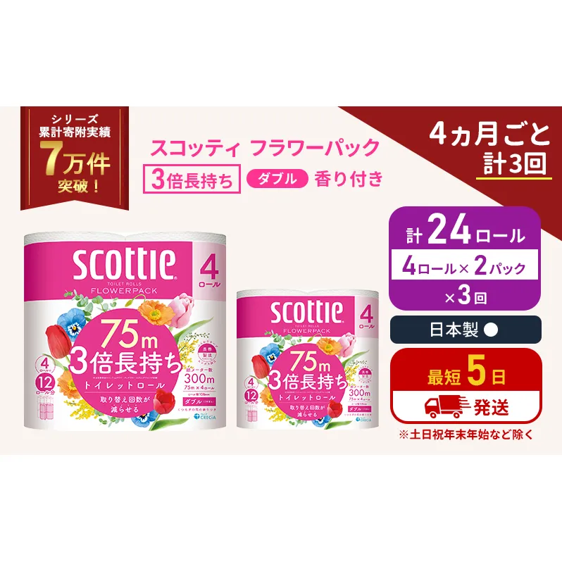 定期便 トイレットペーパー ダブル 3倍 長持ち 4ロール入×2パック スコッティ フラワーパック 香り付き《4ヶ月ごと計3回》 トイレット ペーパー セット 節約 日用品 日用雑貨 備蓄 備蓄用 防災 防災グッズ 3倍巻き 倍巻 宮城 宮城県 岩沼市