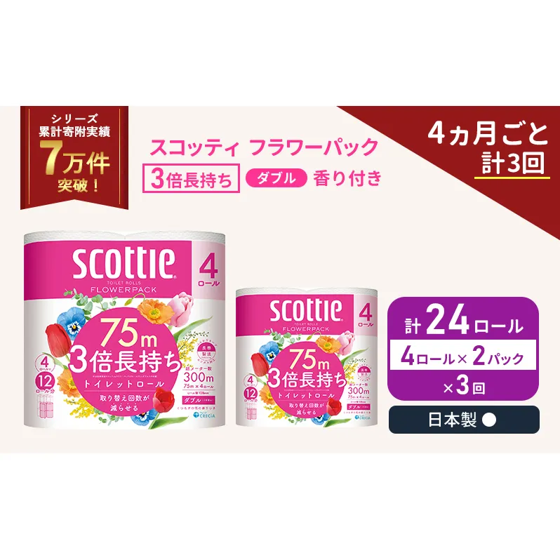 定期便 トイレットペーパー ダブル スコッティ 3倍長持ち 4ロール入 × 2パック フラワーパック 香り付き 《 4ヶ月ごと 計  3回 》