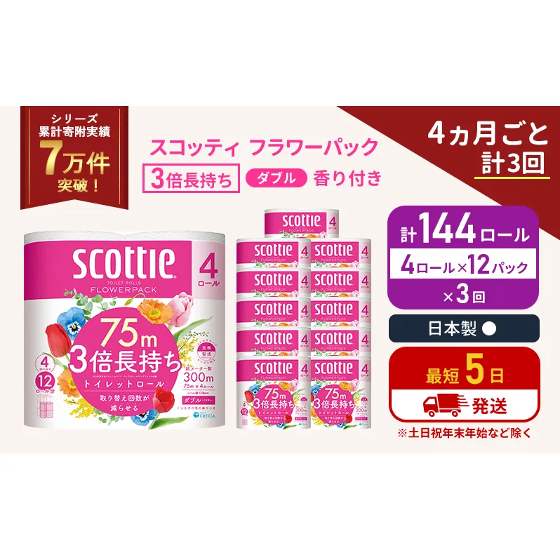 定期便 トイレットペーパー ダブル 3倍 長持ち 4ロール入×12パック スコッティ フラワーパック 香り付き《4ヶ月ごと計3回》 トイレット ペーパー 節約 日用品 日用雑貨 備蓄 備蓄用 防災 防災グッズ 3倍巻き 倍巻 宮城 宮城県 岩沼市