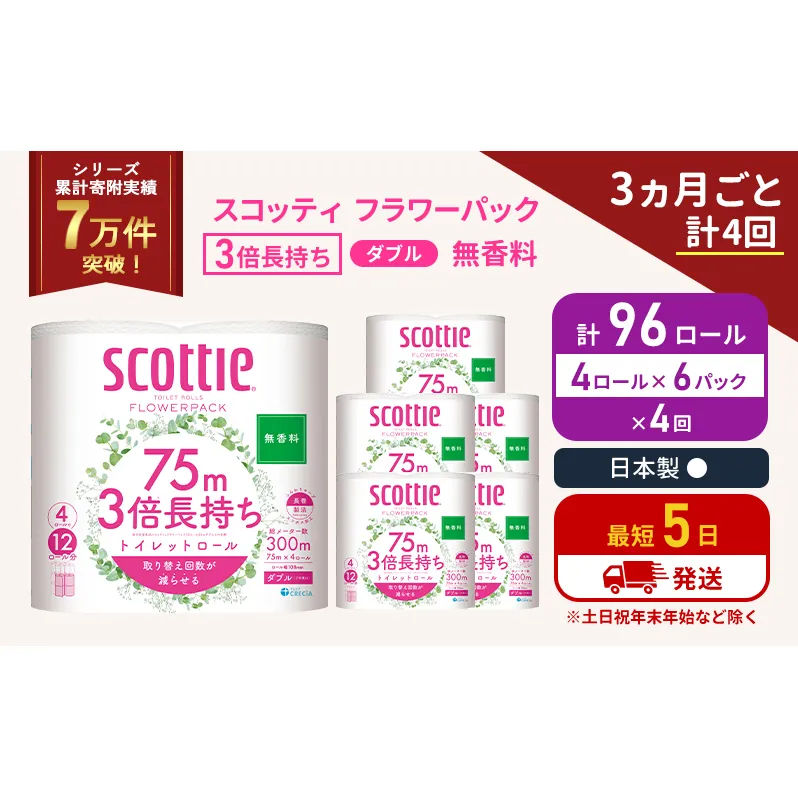 定期便 トイレットペーパー ダブル 3倍 長持ち 4ロール入×6パック スコッティ フラワーパック 無香料《3ヶ月ごと計4回》 トイレット ペーパー 節約 日用品 日用雑貨 備蓄 備蓄用 防災 防災グッズ 災害 3倍巻き 倍巻 宮城県 岩沼市