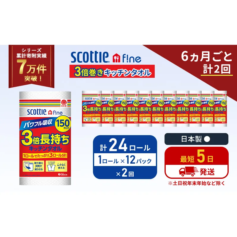 定期便 キッチンペーパー 12パック入 キッチンタオル スコッティ ファイン 1 ロール 3倍 150カット セット《6ヶ月ごと計2回》 ペーパータオル キッチン用品 節約 日用品 日用雑貨 備蓄 備蓄用 防災 災害 3倍巻き まとめ買い 宮城県 岩沼市