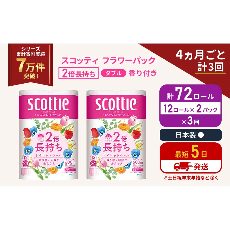定期便 トイレットペーパー ダブル 2倍長持ち 72ロール (12ロール×2パック) 《4ヶ月ごと計3回》 フラワーパック 香り付き スコッティ トイレットペーパーダブル 長持ち 長持ちロール 防災 災害 日用品 生活用品 生活必需品 宮城 宮城県 岩沼市