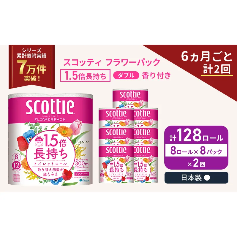 定期便 トイレットペーパー ダブル スコッティ 128ロール ( 8ロール入 × 8パック ) 《 6ヶ月ごと 計  2回 》 1.5 倍巻き フラワーパック 香り付き