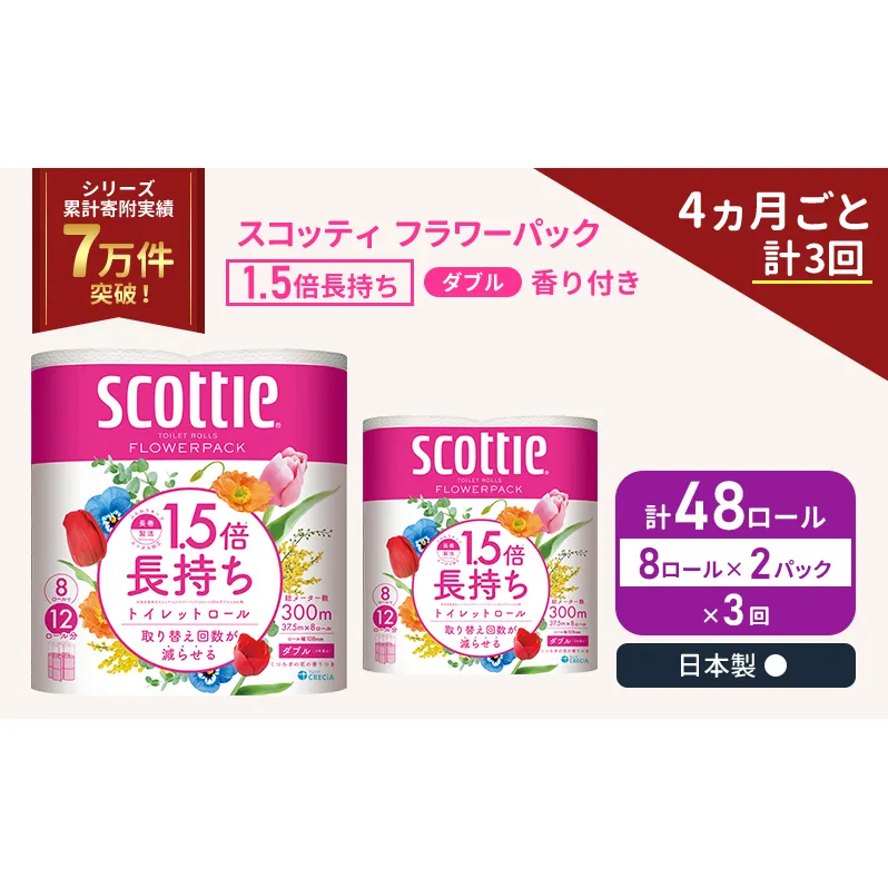 定期便 トイレットペーパー ダブル スコッティ 48ロール ( 8ロール入 × 2パック )《 4ヶ月ごと 計  3回 》 1.5 倍巻き フラワーパック 香り付き