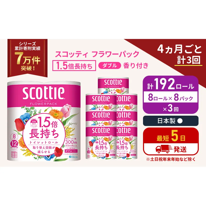 定期便 トイレットペーパー ダブル スコッティ 192ロール( 8ロール入×8パック )《4ヶ月ごと計3回》 1.5 倍巻き フラワーパック 香り付き  節約 箱買い 大量 防災 備蓄 備蓄品  日用品 トイペ セット 倍巻 トイレ 宮城 宮城県 岩沼市